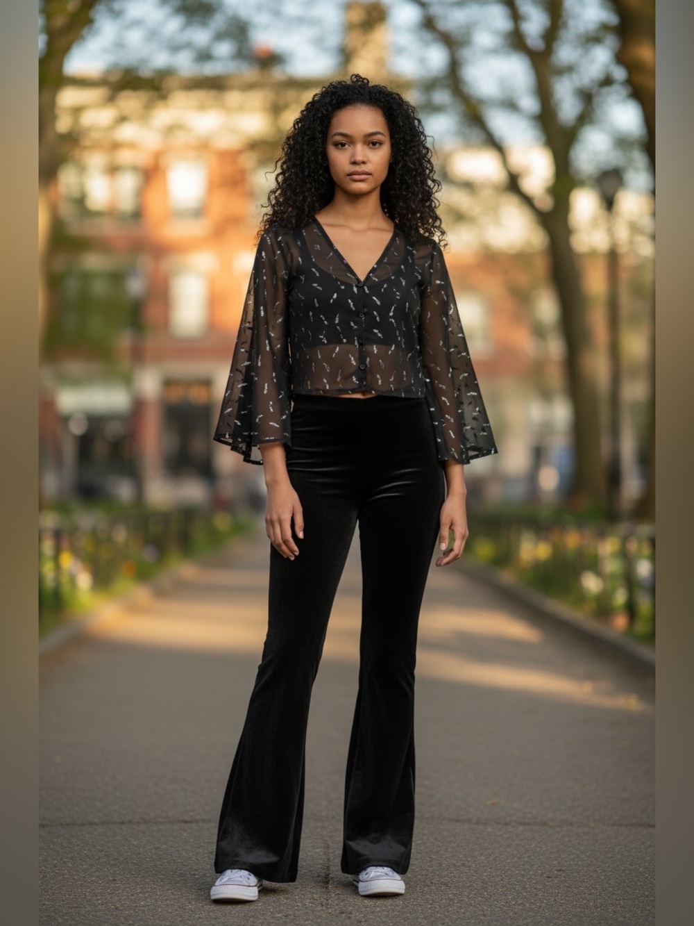 Black Velvet Flared Pants and black and silver crop top with butter sleeves set
